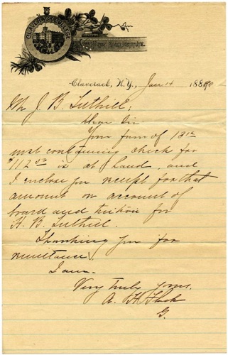Claverack College letter to JB Tuthill.  January 14, 1890 chs-010154